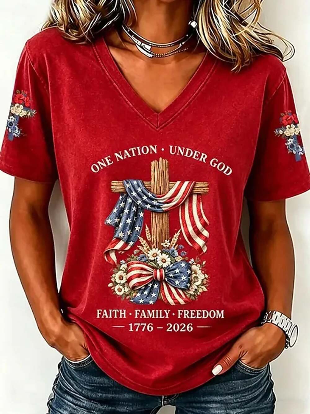 Patriotic Christian V-Neck Graphic T-Shirt Red